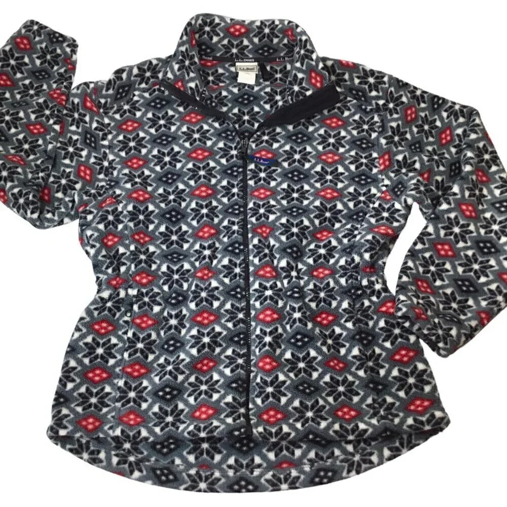 L.L. Bean Fleece Jacket Coat Full Zip Snowflake Adj Waist Pockets Black Red